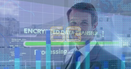 Animation of data processing and 6g text over caucasian businessman in office - Powered by Adobe