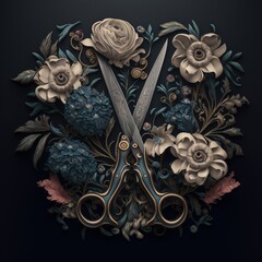 Scissors and flowers vintage muted colors illustration made with Generative AI