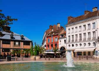 Cityscape of old French town of Sens with shops and outdoors cafe at summer © JackF