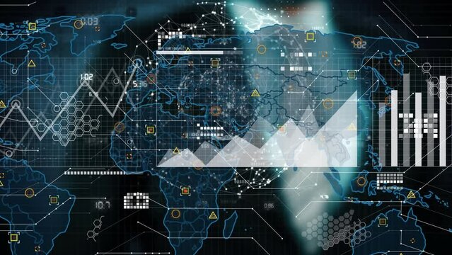 Animation of data processing against mid section of businessman touching futuristic screen