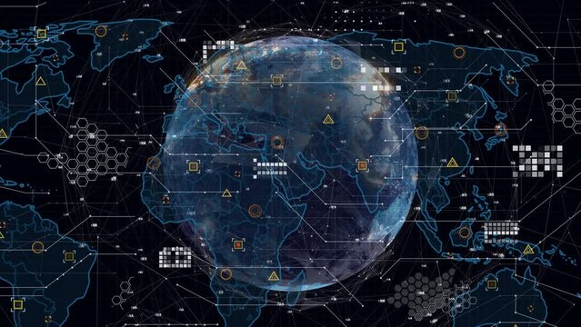 Animation of data processing and world map over spinning globe against black background