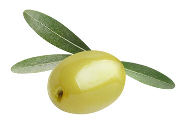 Single green olive, isolated on white background