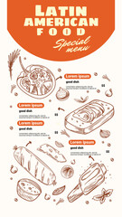 Latin American Cuisine Restaurant Menu Flyer Template. premium sketch vector illustration