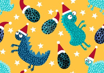 Winter Santa hat seamless animals dinosaur dragon pattern for Christmas and new year and wrapping paper and kids