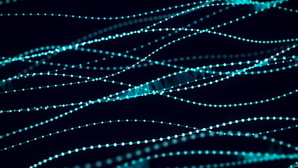 Digital wave with lines and triangles. The futuristic abstract structure of network connection or DNA effect. Big data visualization. 3D rendering.