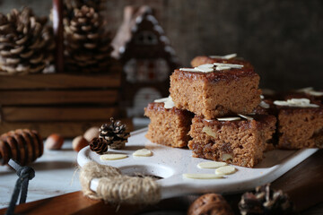 Spice Christmas quick bread  with walnuts and New Year's decorations