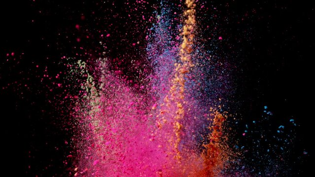 Super slow motion of colored powder explosion isolated on black background. Filmed on high speed cinema camera, 1000fps. Speed ramp effect.