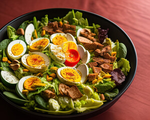 food photography close-up of a bowl of  Cobb salad sitting on top of a table, - AI Generated