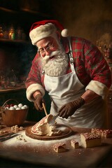 Fototapeta premium Santa Claus cooking Christmas dinner, Christmas generative ai art illustration, Santa baking a meal, Santa Claus as a chef in the kitchen