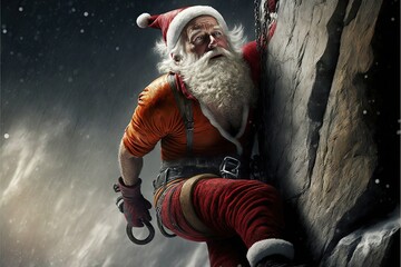Santa Claus rock climbing, Christmas generative ai art illustration, Santa Claus loves extreme sports, mountain climbing Santa Claus
