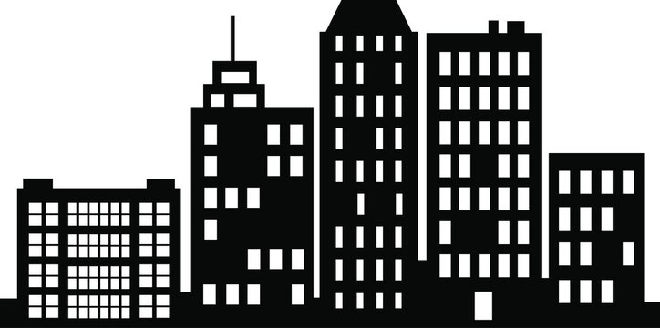 A flat black skyscraper and low-rise building silhouette  of illustrations of city buildings in silhouettes under various constructions are used on a white background