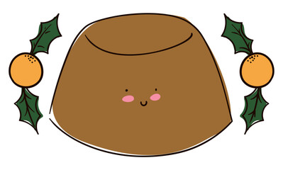 Smiling custard decorated with round fritters and holly leaves, Vector illustration
