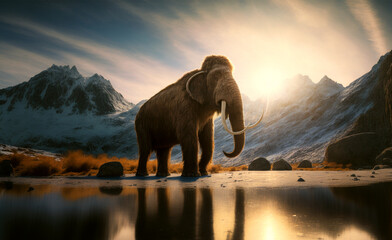 Generative AI illustration of mammoth in mountains