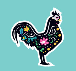 Rooster dia de muertos icon. Poster or banner for website, feathered bird in bright colors. Culture and traditions, decoration, graphic element for printing on fabric. Cartoon flat vector illustration
