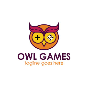 Owl Games logo design template with owl icon and joystick. Perfect for business, technology, mobile, app, etc