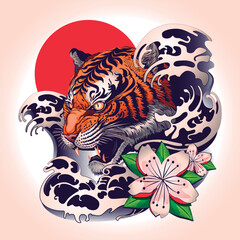 Tiger tattoo design with japanese decorative style. Vector illustration. Tiger with flowers and waves