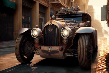 steampunk car in city