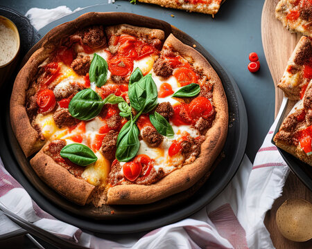 food photography close up of a bowl of Chicago-style pizza sitting on top of a table - AI Generated