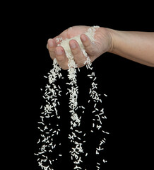 Japanese Rice flying explosion, white grain rices explode abstract cloud fly. Beautiful complete seed rice splash in air, food object design. Selective focus freeze shot Black background isolated