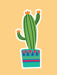 Festa Junina cactus icon. Plant with needles in bright pot with abstract patterns. Sticker for social networks and messengers. Mexican flora, biology and nature. Cartoon flat vector illustration