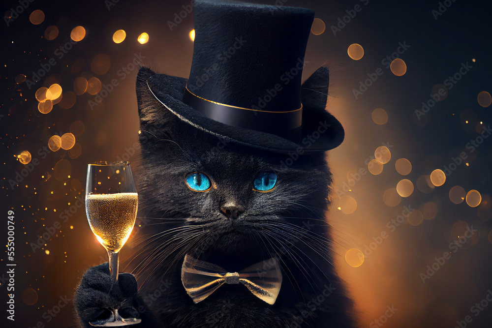 Wall mural elegant black cat with a top hat and bow tie holding a glass of champagne on a dark background with gold particles, Generative AI