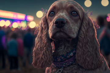 stylish cocker spaniel dog at a colorful music festival, Generative AI
