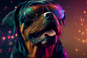 funny rottweiler dog in a nightclub, dog wearing sunglasses on a colorful background with sparkly gold particles, funny party animal, Generative AI - obrazy, fototapety, plakaty