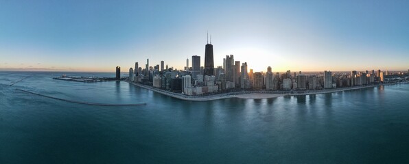 Fototapeta na wymiar Wide aerial panoramic view of the city skyline of Chicago, Illinois. USA