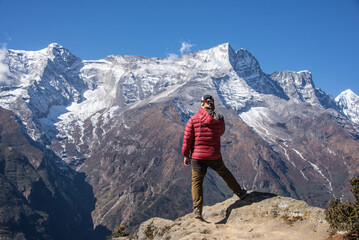 Trekking to Everest Base Camp under Cholatse and Taboche peaks, Khumbu, Nepal