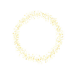 Gold round frame, sparkles. Shiny golden circle crumbs. Glitter dust isolated. Confetti. Png