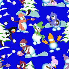 snowmen playing snowballs, seamless  pattern, winter pattern with snowmen