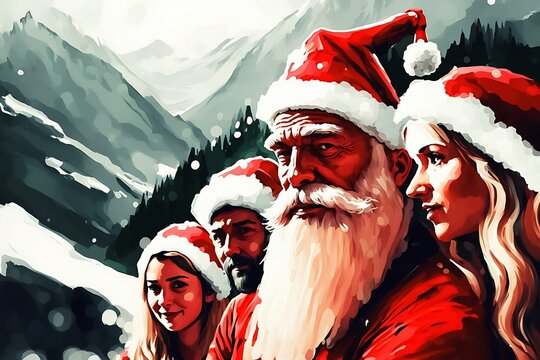 Santa Claus is spending the vacations in the mountains with his family. Swiss mountains in the background. Digital painting. Family photograph.Artistic painting. Generative AI illustration. Holidays