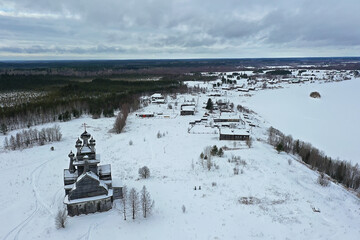 wooden church winter top view, landscape russian north architecture