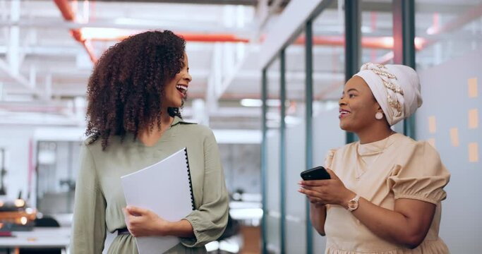 Black women, laughing or walking with business technology, paper or documents in modern office, coworking space or marketing company. Smile, happy or comic creative designers bonding in slow motion