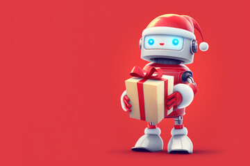Naklejka premium Cute robot Santa holding a gift box, full body view over red bac