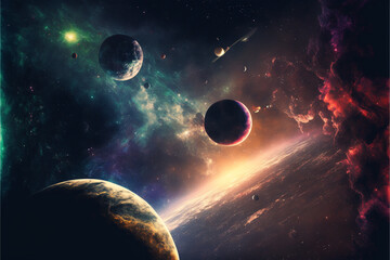 Obraz na płótnie Canvas Space Galaxy Astronaut Glowing Planets Milky Way Colorful Pattern Background Design Wallpaper