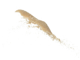 Brown Sugar flying explosion, brown grain sugar explode abstract cloud fly. Beautiful complete seed sugarcane splash in air, food object design. Selective focus freeze shot white background isolated