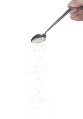 Japanese Rice fall, white grain rices pouring down abstract cloud fly from spoon. Beautiful complete seed rice in air, food object design. Selective focus freeze shot white background isolated