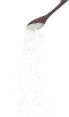 Naklejka na ściany i meble Japanese Rice fall, white grain rices pouring down abstract cloud fly from spoon. Beautiful complete seed rice in air, food object design. Selective focus freeze shot white background isolated