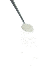 Japanese Rice fall, white grain rices pouring down abstract cloud fly from spoon. Beautiful complete seed rice in air, food object design. Selective focus freeze shot white background isolated
