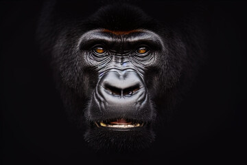 photography a close-up of a gorilla's face on a black background - AI Generated