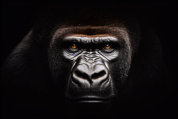 Obraz premium photography a close-up of a gorilla's face on a black background - AI Generated