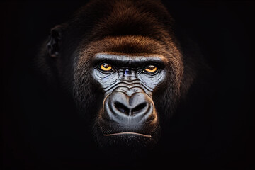 Obraz premium photography a close-up of a gorilla's face on a black background - AI Generated