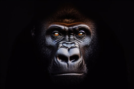 photography a close-up of a gorilla's face on a black background - AI Generated