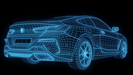 Naklejka na ściany i meble 3D rendering illustration luxury supercar blueprint glowing neon hologram futuristic show technology security for premium product business finance 