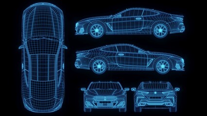 3D rendering illustration luxury supercar blueprint glowing neon hologram futuristic show technology security for premium product business finance 