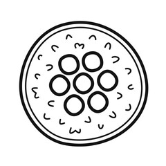 Ikura maki. Sushi roll with rice, salmon caviar and nori seaweed. Traditional Japanese food. Doodle sketch style. Vector illustration isolated on white background.