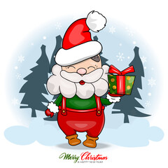 Vector Santa Claus in red hat with a gift. Santa with green gift box. Blue background with snowflacks and christmas trees. Cartoon flat style ideal for cards posters, social media.