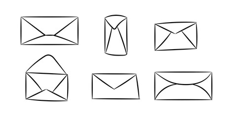 Mail envelope in doodle. Message symbol in sketch. Email sign. Hand drawn envelope set. Transparent mail collection. Vector EPS 10