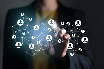 . Virtual visualization of network chain with person icons, female unrecognised manager on background. Human capital and teambuilding concept.